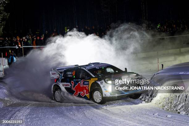 Adrien Fourmaux of France and his co-driver Alexandre Coria of France steer their Ford Puma Rally1 HYBRID during the Umea Sprint 1, 1st stage of the...
