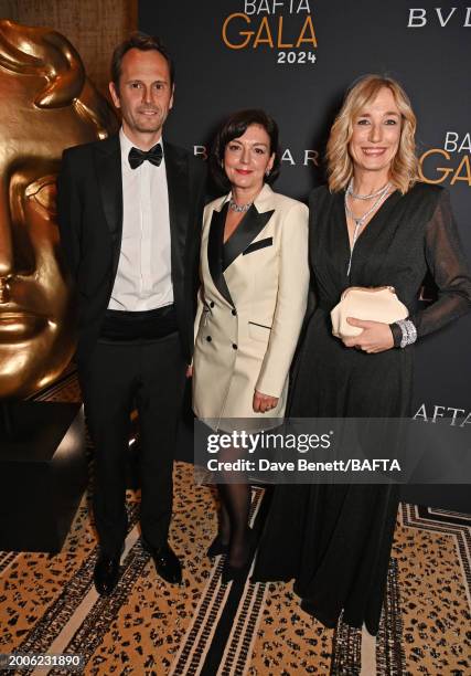 Benjamin Beaufils, BAFTA CEO Jane Millichip and Laura Burdese attend the BAFTA Gala 2024, supported by Bulgari at The Peninsula Hotel on February 15,...