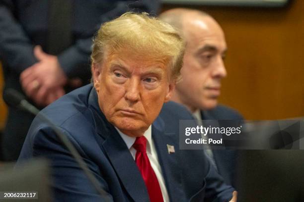 Republican presidential candidate, former U.S. President Donald Trump attends a pre-trial hearing at Manhattan Criminal Court on February 15, 2024 in...