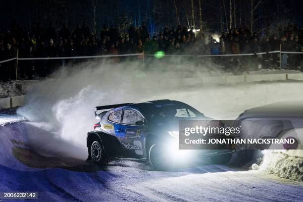 Sami Pajari of Finland and his co-driver Enni Malkonen steer their Toyota GR Yaris during the Umea Sprint 1, 1st stage of the Rally Sweden, second...