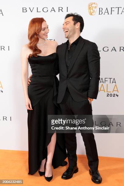 Eleanor Tomlinson and Aidan Turner attend the BAFTA Gala 2024, Supported By Bulgari at The Peninsula Hotel on February 15, 2024 in London, England.