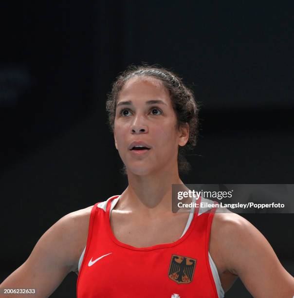 Leonie Muller of Germany waits for the judges decision following the women's welterweight final bout against Dionne Burman of England on day four of...