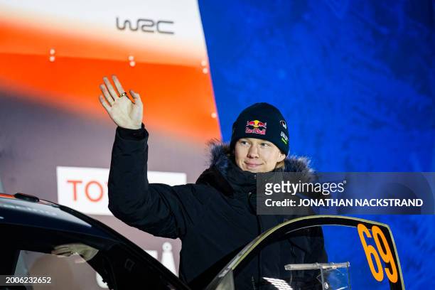 Kalle Rovanpera of Finland, driver of Toyota GR Yaris Rally1 HYBRID, is pictured during team presentation prior to the Umea Sprint 1, 1st stage of...