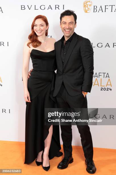 Eleanor Tomlinson and Aidan Turner attend the BAFTA Gala 2024, Supported By Bulgari at The Peninsula Hotel on February 15, 2024 in London, England.