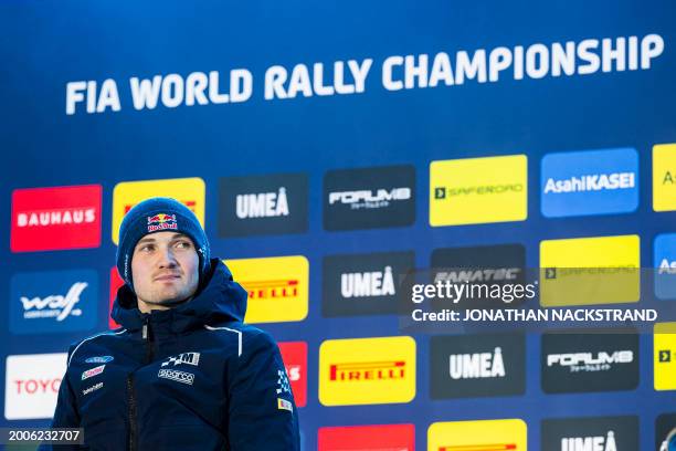 Gregoire Munster of Luxembourg, driver of Ford Puma Rally1 HYBRID is pictured during team presentation prior to the Umea Sprint 1, 1st stage of the...