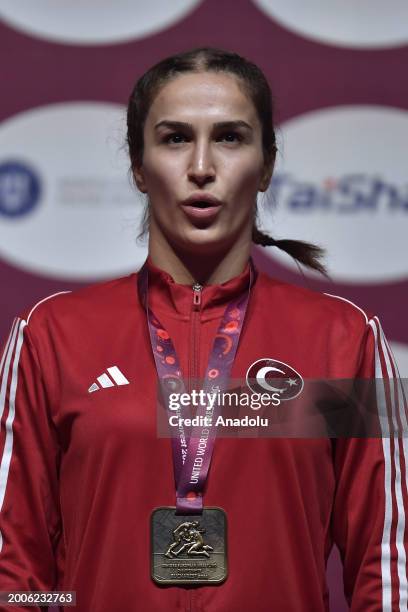 Buse Tosun Cavusoglu of Turkiye wins the gold medal against Tetiana Rizhko of Ukraine during the Senior Wrestling European Championships final...