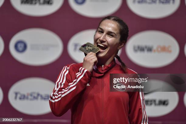 Buse Tosun Cavusoglu of Turkiye poses for a photo after winning the gold medal against Tetiana Rizhko of Ukraine during the Senior Wrestling European...