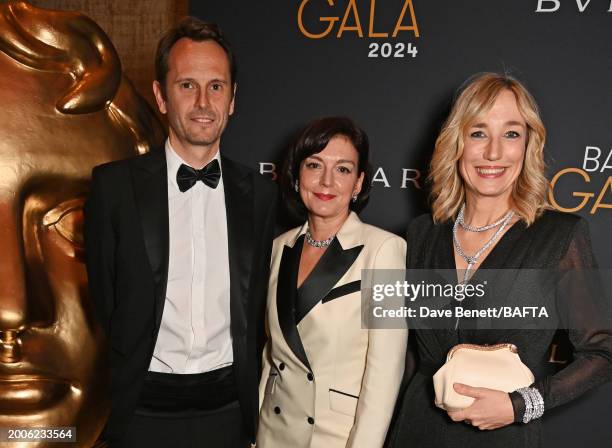 Benjamin Beaufils, BAFTA CEO Jane Millichip and Laura Burdese attend the BAFTA Gala 2024, supported by Bulgari at The Peninsula Hotel on February 15,...