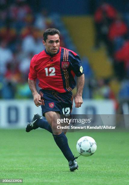 June 9: Barjuan Sergi of Spain on the ball during the UEFA Euro 1996 Group B match between Spain and Bulgaria at Elland Road on June 9, 1996 in...