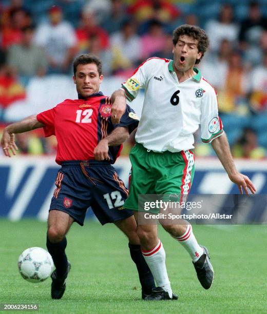 June 9: Sergi Barjuan of Spain and Zlatko Iankov of Bulgaria challenge during the UEFA Euro 1996 Group B match between Spain and Bulgaria at Elland...