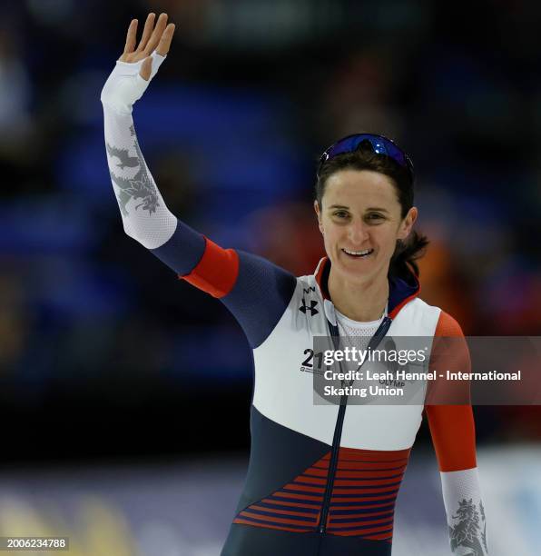 Martina Sablikova of the Czech Republic waves after crossing the finish line during the women's 3000m during day 1 of the ISU World Single Distances...