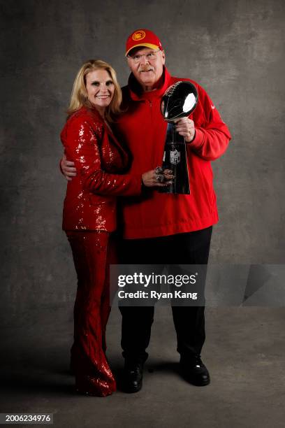 Head coach Andy Reid of the Kansas City Chiefs and his wife, Tammy Reid, pose for a portrait with the Vince Lombardi Trophy after Super Bowl LVIII at...