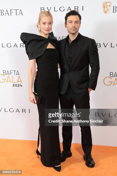 Caitlin Fitzgerald and Aidan Turner attend the BAFTA Gala 2024, Supported By Bulgari at The Peninsula Hotel on February 15, 2024 in London, England.