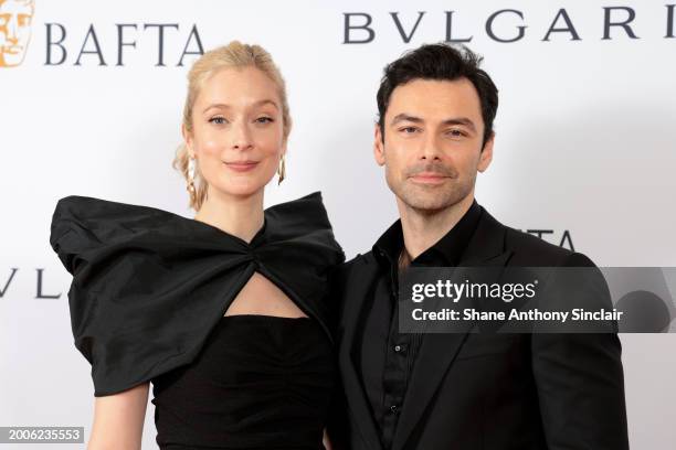 Caitlin Fitzgerald and Aidan Turner attend the BAFTA Gala 2024, Supported By Bulgari at The Peninsula Hotel on February 15, 2024 in London, England.