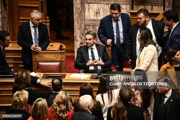 Prime Minister Kyriakos Mitsotakis attends the parliamentary vote on same-sex marriage in Athens, February 15, 2024. The legalization of same-sex...