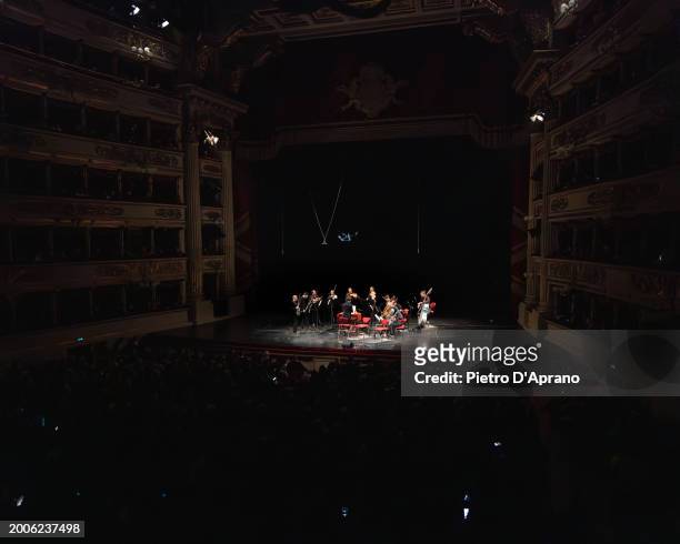 The cast of the L'Orchestra Del Mare performs at Teatro Alla Scala on February 12, 2024 in Milan, Italy.