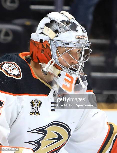 The artwork on the mask of Anaheim Ducks goalie John Gibson is shown prior to the NHL game between the Nashville Predators and Anaheim Ducks, held on...