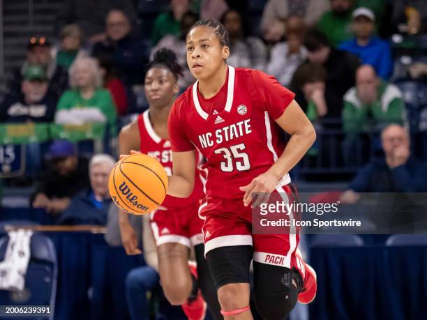 State Wolfpack guard Zoe Brooks dribbles the ball down court during a college basketball game between the NC State Wolfpack and the Notre Dame...