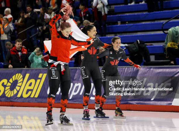 Team Canada celebrates their gold medal for the Women's Team Sprint during day 1 of the ISU World Single Distances Speed Skating Championships at the...