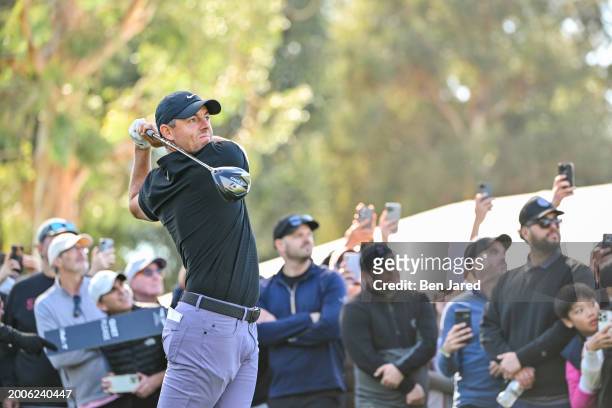 Rory McIlroy of Northern Ireland plays his shot from the ninth tee during the first round of The Genesis Invitational at Riviera Country Club on...