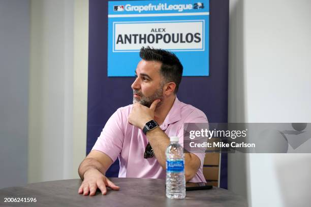 President of baseball operations and general manager Alex Anthopoulos of the Atlanta Braves looks on during the 2024 Grapefruit League Spring...