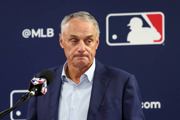 Commissioner of Major League Baseball Robert D. Manfred Jr. Speaks during the 2024 Grapefruit League Spring Training Media Day at George M....