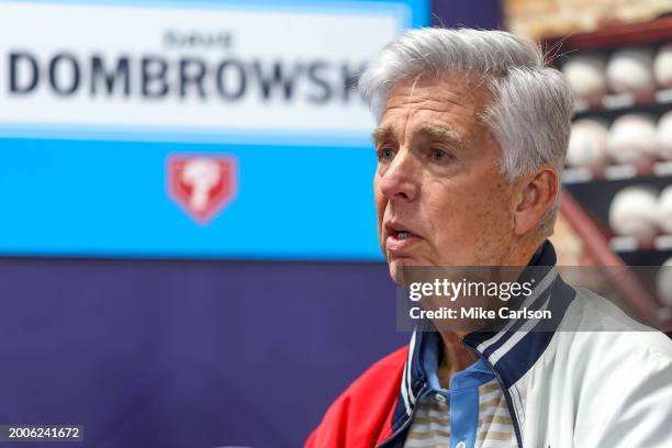 General manager Dave Dombrowski of the Philadelphia Phillies speaks with a media member during the 2024 Grapefruit League Spring Training Media Day...