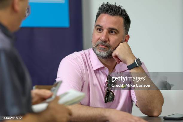 President of baseball operations and general manager Alex Anthopoulos of the Atlanta Braves looks on during the 2024 Grapefruit League Spring...