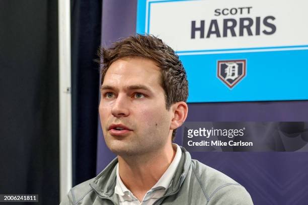 President of baseball operations Scott Harris of the Detroit Tigers speaks during the 2024 Grapefruit League Spring Training Media Day at George M....