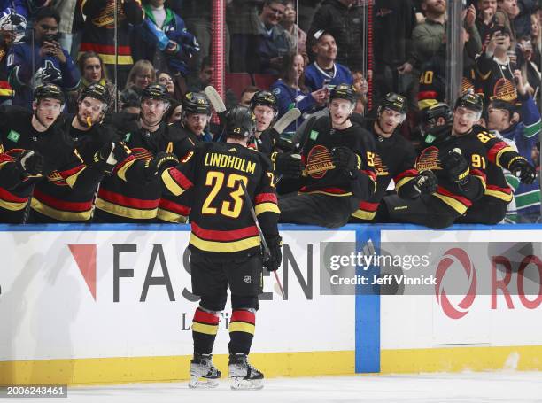 Elias Lindholm of the Vancouver Canucks celebrates his first home game goal during the first period of their NHL game against the Detroit Red Wings...