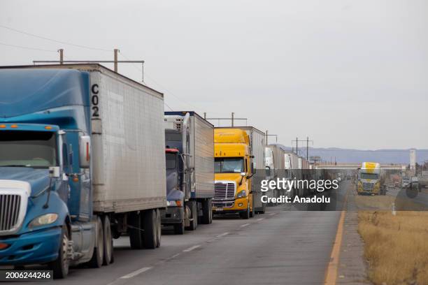 Over 300 trailers halt their journey on Highway 45 in protest against the increasing insecurity in Chihuahua, Mexico on February 15, 2024. In a...