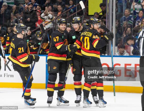 Nikita Zadorov of the Vancouver Canucks celebrates his goal with teammates during the second period of their NHL game against the Detroit Red Wings...