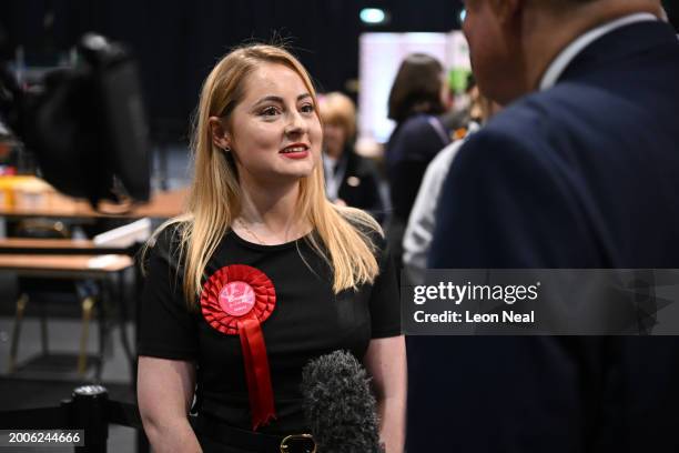 Labour Party candidate, Gen Kitchen, speaks to the media after being declared the winner in the Wellingborough by-election at the count centre in...