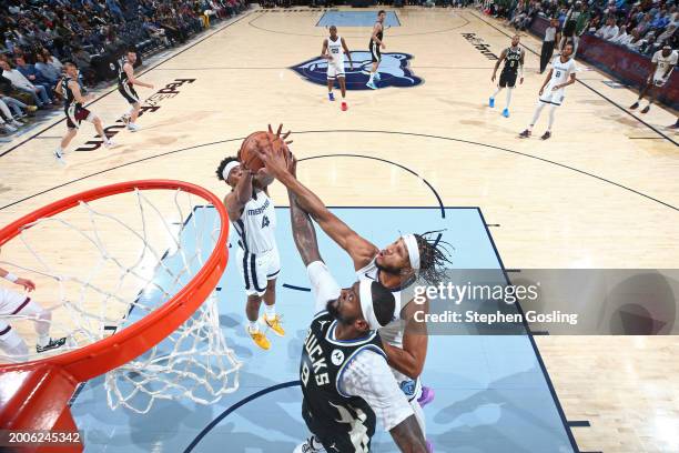 Bobby Portis of the Milwaukee Bucks rebounds during the game against the Memphis Grizzlies on February 15, 2024 at FedExForum in Memphis, Tennessee....