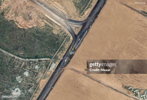 Maxar satellite imagery shows another view of the contruction of a wall near the Rafah border crossing into Egypt. Please use: Satellite image 2024...