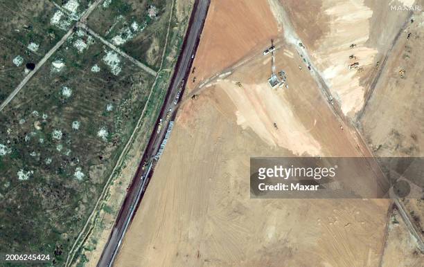 Maxar satellite imagery shows another view of the contruction of a wall near the Rafah border crossing into Egypt. Please use: Satellite image 2024...