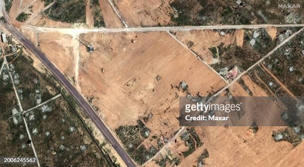 Maxar satellite imagery sjows a closer view of earth grading in Egypt near the Rafah border crossing. Please use: Satellite image 2024 Maxar...