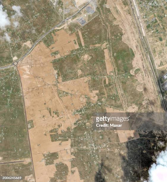 Maxar satellite imagery shows an overview of the buffer zone in Egypt near the Rafah border crossing. Please use: Satellite image 2024 Maxar...