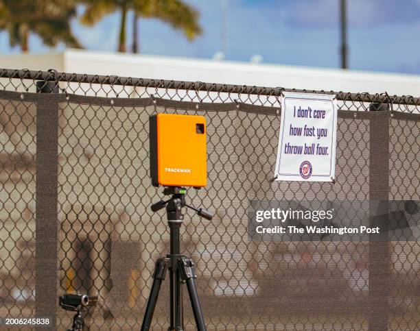 Sign in the bullpen of the Washington Nationals spring training baseball practice February 14 in West Palm Beach, Florida. Photo by Saul Martinez for...