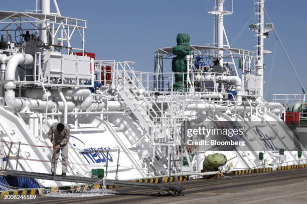 The Excool, a demonstration test ship for liquified carbon dioxide transport, moored at the Daikoku pier in Yokohama, Japan, on Friday, Feb. 16,...