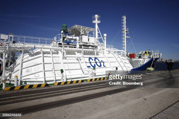 The Excool, a demonstration test ship for liquified carbon dioxide transport, moored at the Daikoku pier in Yokohama, Japan, on Friday, Feb. 16,...