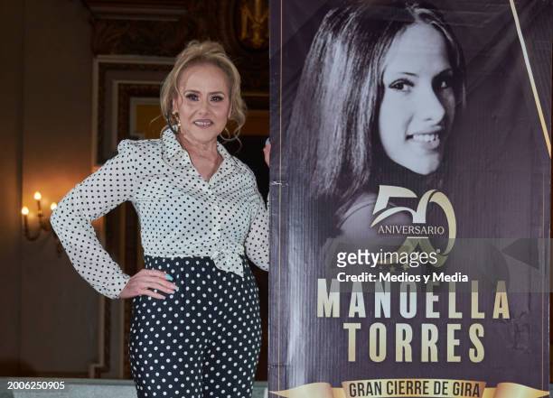 Singer Manoella Torres poses for a photo during a press conference at Teatro Metropolitan on February 12, 2024 in Mexico City, Mexico.