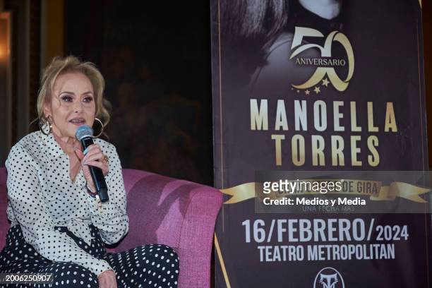 Singer Manoella Torres speaks during a press conference at Teatro Metropolitan on February 12, 2024 in Mexico City, Mexico.