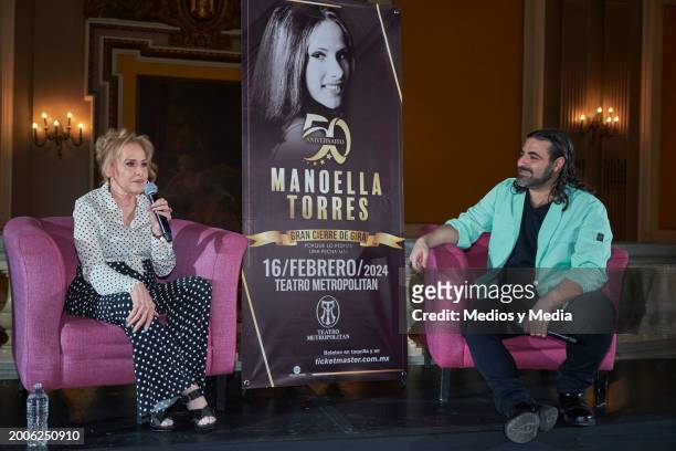 Singer Manoella Torres and Sergio Gabriel speak during a press conference at Teatro Metropolitan on February 12, 2024 in Mexico City, Mexico.
