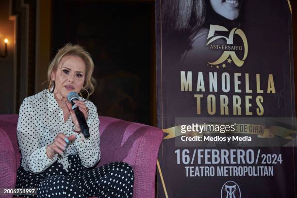 Singer Manoella Torres speaks during a press conference at Teatro Metropolitan on February 12, 2024 in Mexico City, Mexico.