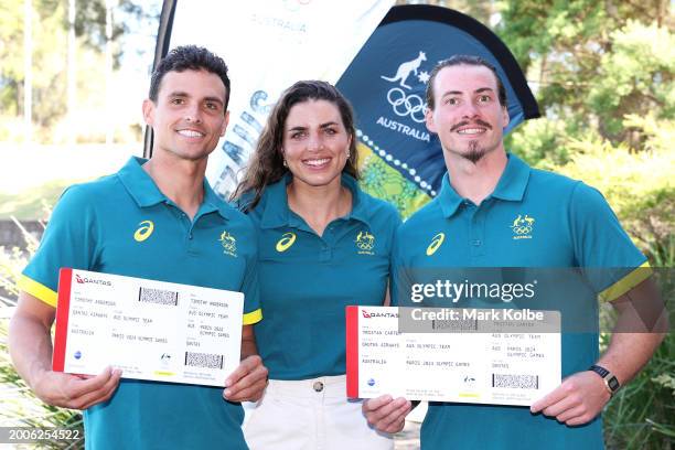 Timothy Anderson, Jessica Fox and Tristan Carter pose during the media call after the Australian 2024 Paris Olympic Games Canoe Slalom Squad...