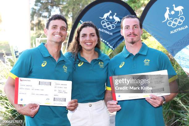 Timothy Anderson, Jessica Fox and Tristan Carter pose during the media call after the Australian 2024 Paris Olympic Games Canoe Slalom Squad...