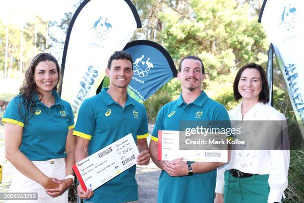 Jessica Fox, Timothy Anderson, Tristan Carter and Australian Olympic Team Chef de Mission Anna Meares pose during the media call after the Australian...