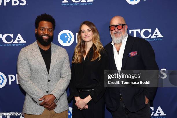 Baratunde Thurston, Shailene Woodley and Andrew Zimmern attend the PBS presentation of "Hope in the Water" during the 2024 TCA Winter Press Tour at...