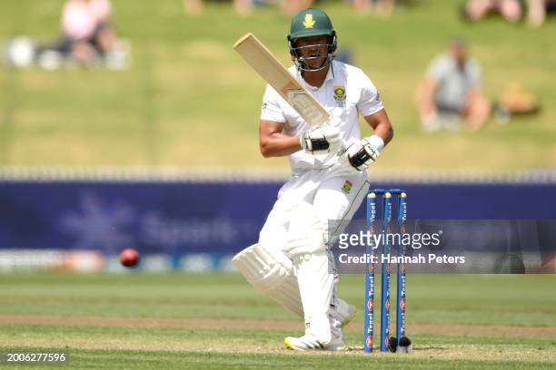 Zubayr Hamza of South Africa bats during day one of the Men's Second Test in the series between New Zealand and South Africa at Seddon Park on...